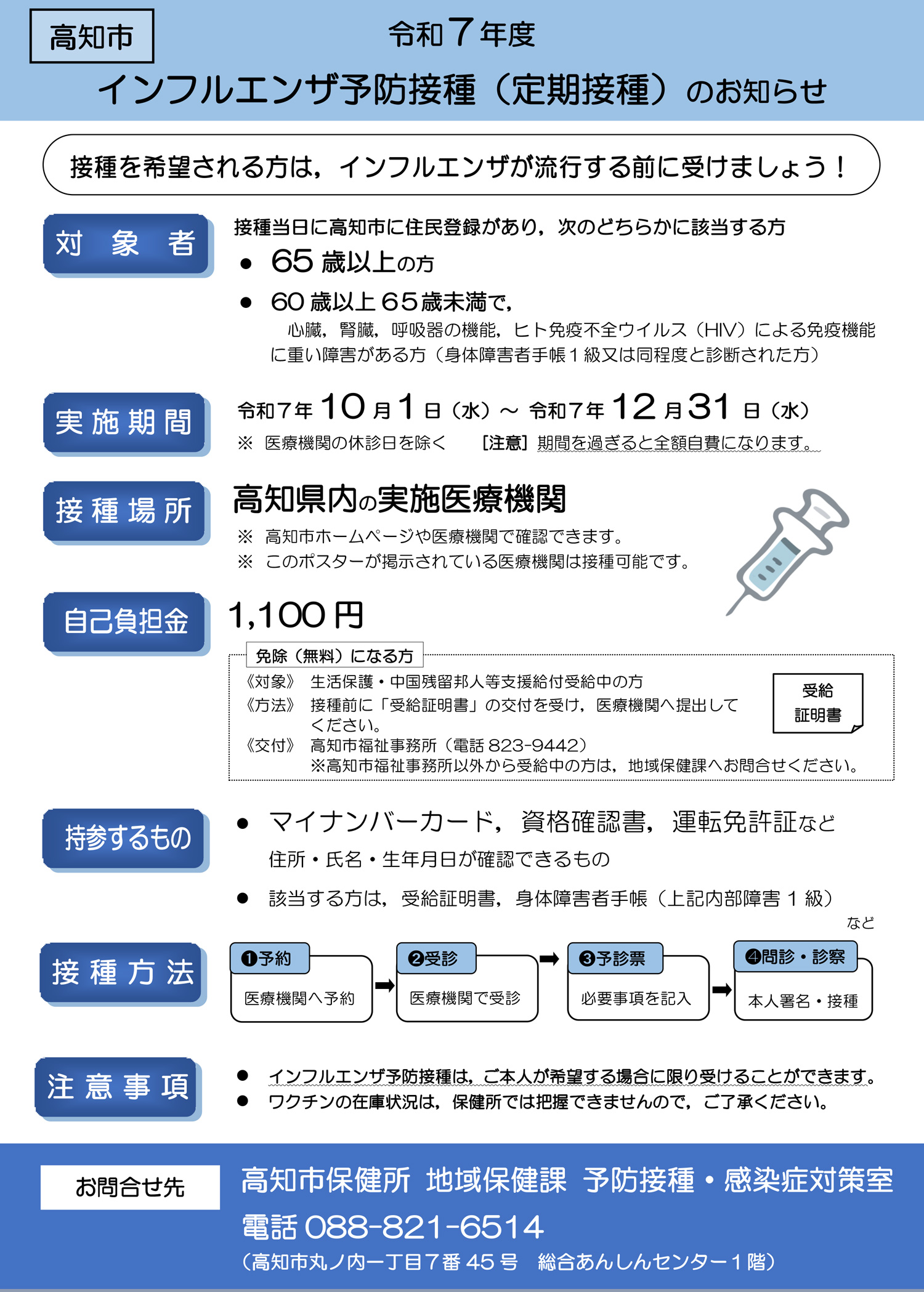 高知市 令和7年度 インフルエンザ予防接種（定期接種）のお知らせ